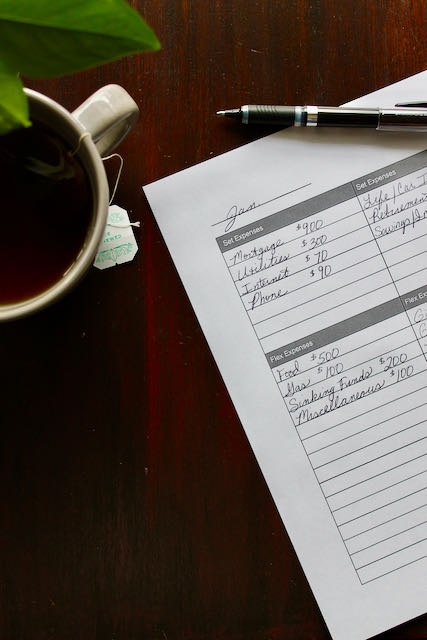 Written budget with cup of tea